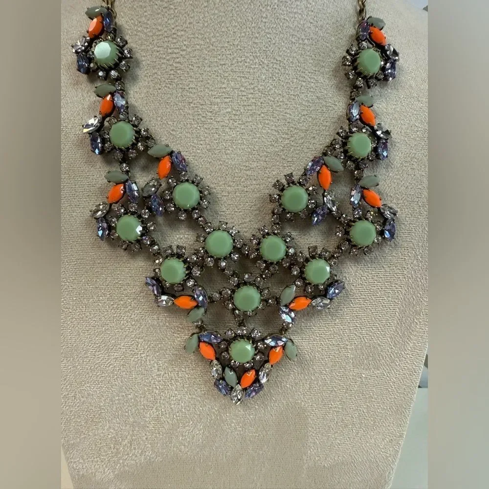 J Crew Green Multi Rhinestone Statement Necklace - Picture 2 of 3